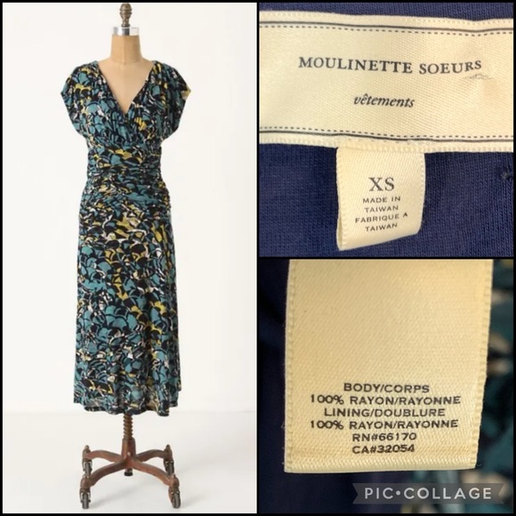 Anthro Moulinette Soures Abstract Print Faux Wrap Ruched Midi Dress - Picture 4 of 8